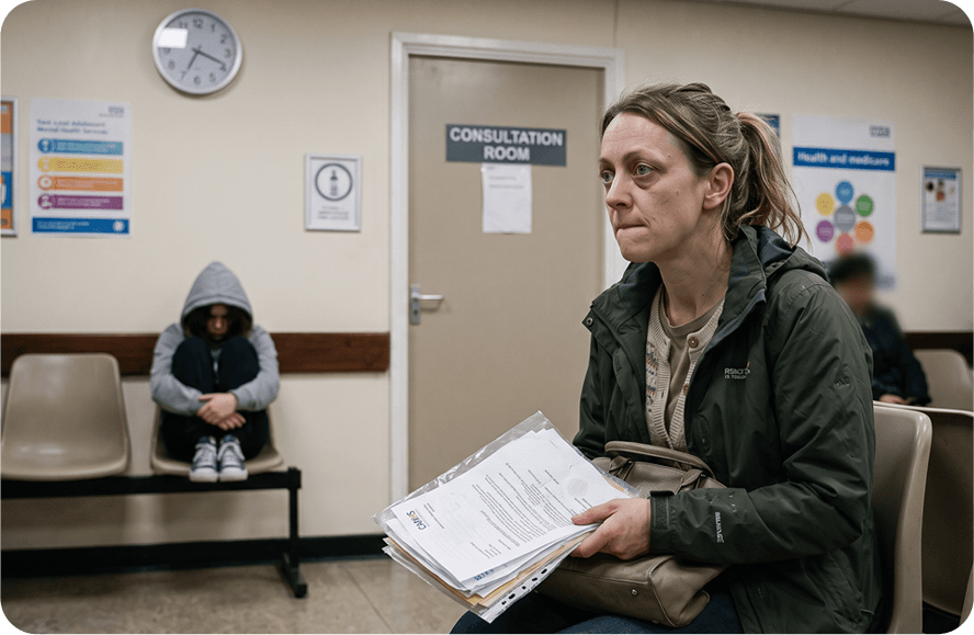 A parent waiting outside a consultation room with her son